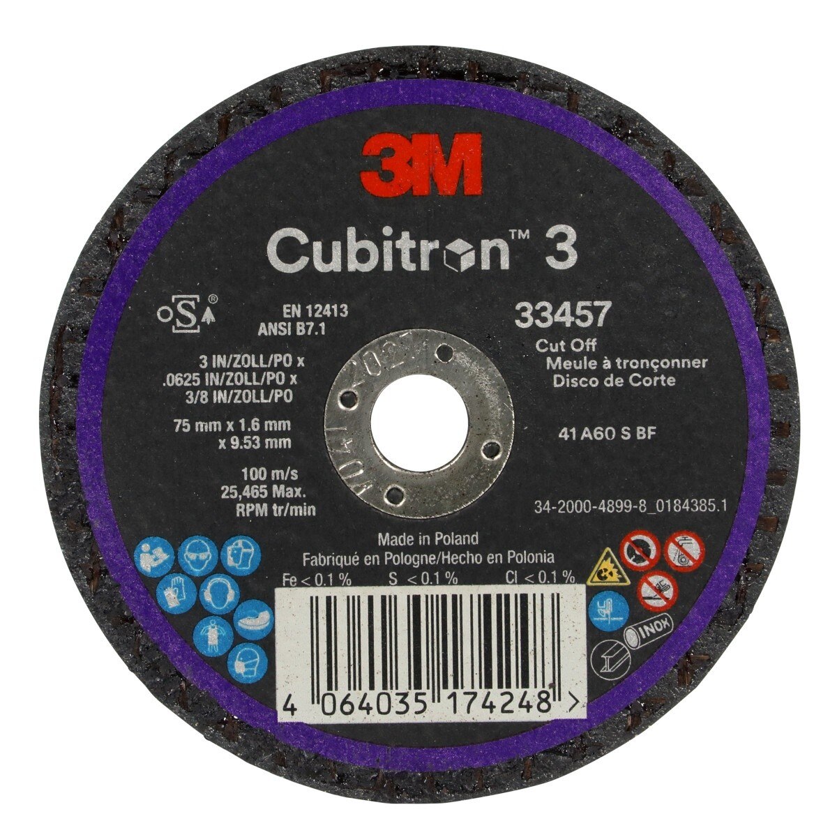 3M 33457 Cubitron Cut-Off Wheel, Precision Shaped Ceramic, Black, 75 mm x 1.6 mm x 9.53 mm (7100333831) (30 Pack)