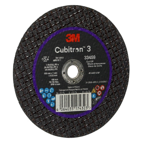 3M 33459 Cubitron Cut-Off Wheel, 100 mm x 1 mm x 9.53 mm (4 in x 1/8 in x 3/8 in), Black, for Collision Repair (7100334189) (30 Pack) - 3