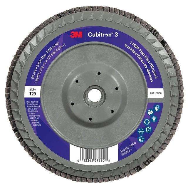 3M 1169F Cubitron 3 Flap Disc, 80+, T29-Conical Quick Change Plastic, 7 in x 5/8 in-11 (7100380504) (5 Pack)